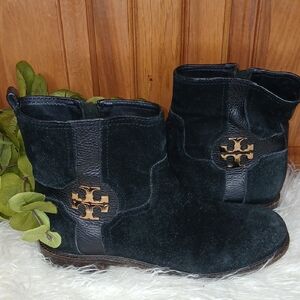 Tory Burch Black Suede & Leather Alaina Boots with Gold Logo